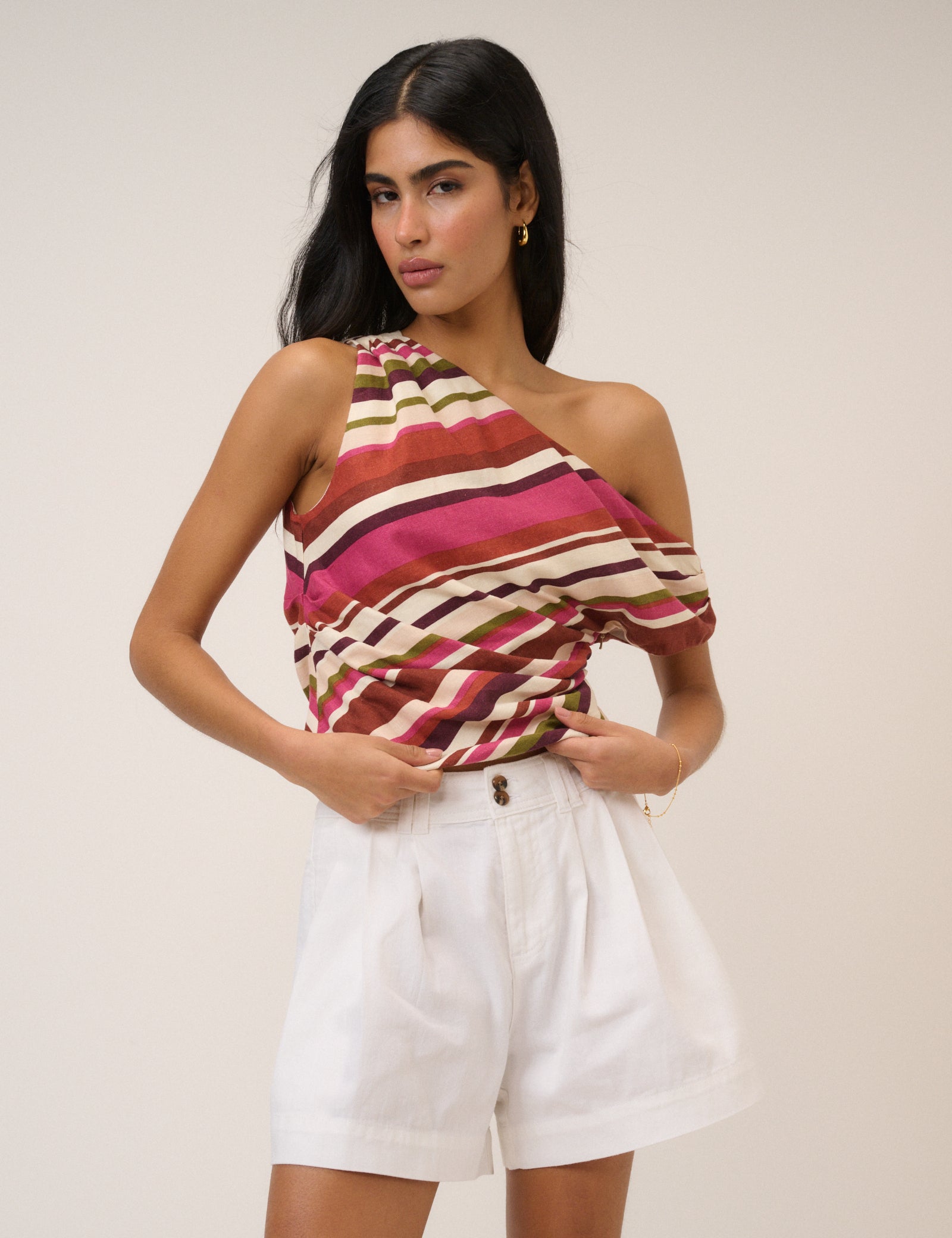 Multi-Coloured Striped Linen-Blend One Shoulder Top