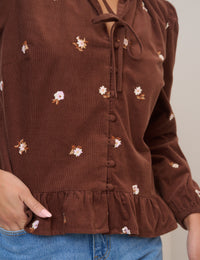 Brown Cord Floral Embroidered Frill Blouse