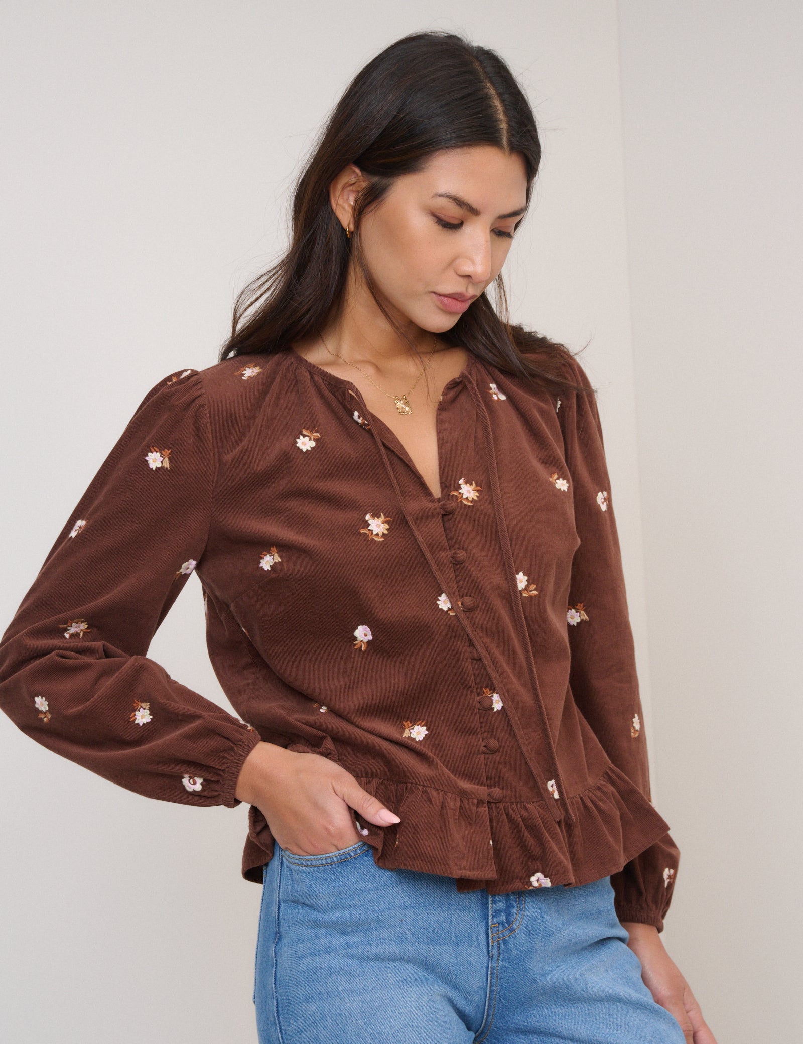 Brown Cord Floral Embroidered Frill Blouse