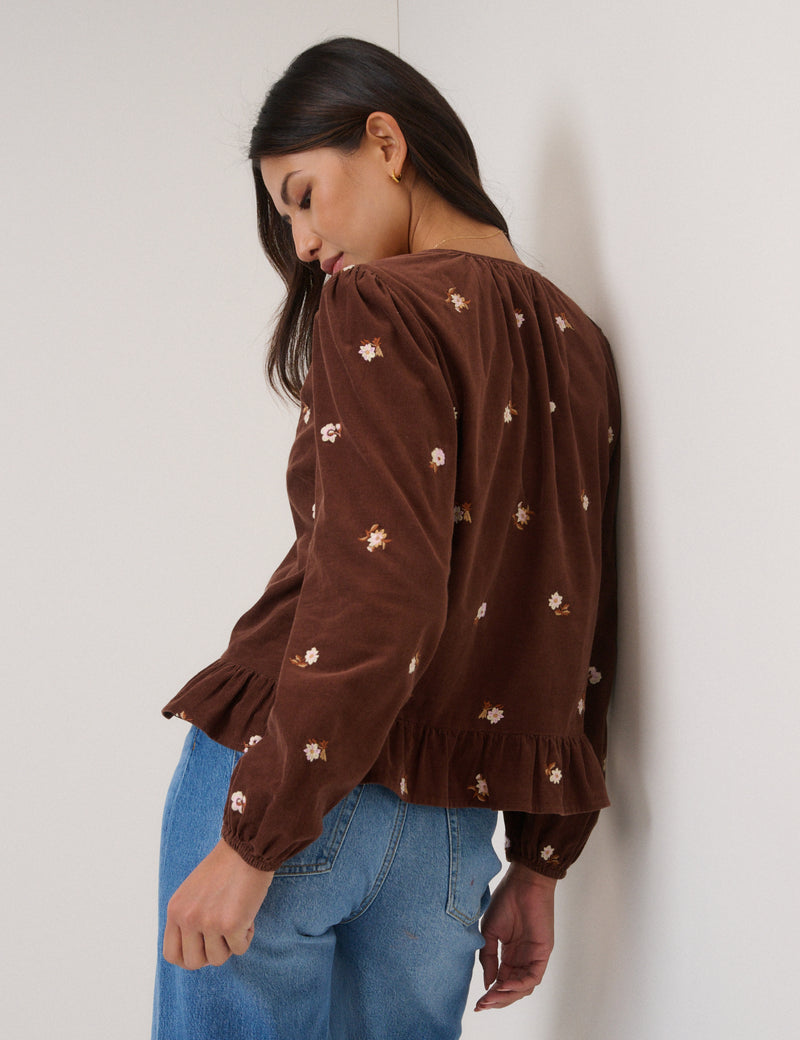 Brown Cord Floral Embroidered Frill Blouse