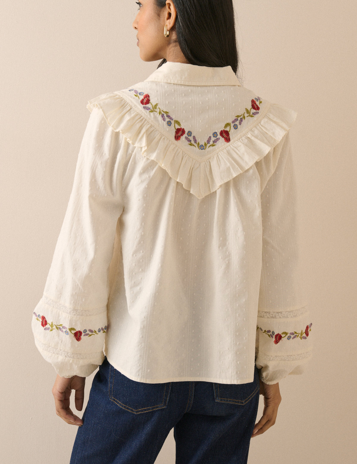 Ivory Floral Embroidered Frill Trim Blouse