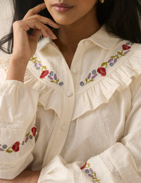 Ivory Floral Embroidered Frill Trim Blouse