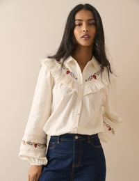 Ivory Floral Embroidered Frill Trim Blouse