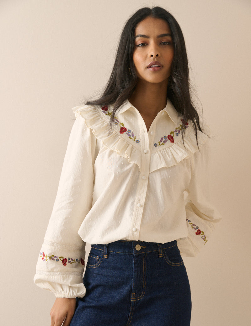 Ivory Floral Embroidered Frill Trim Blouse