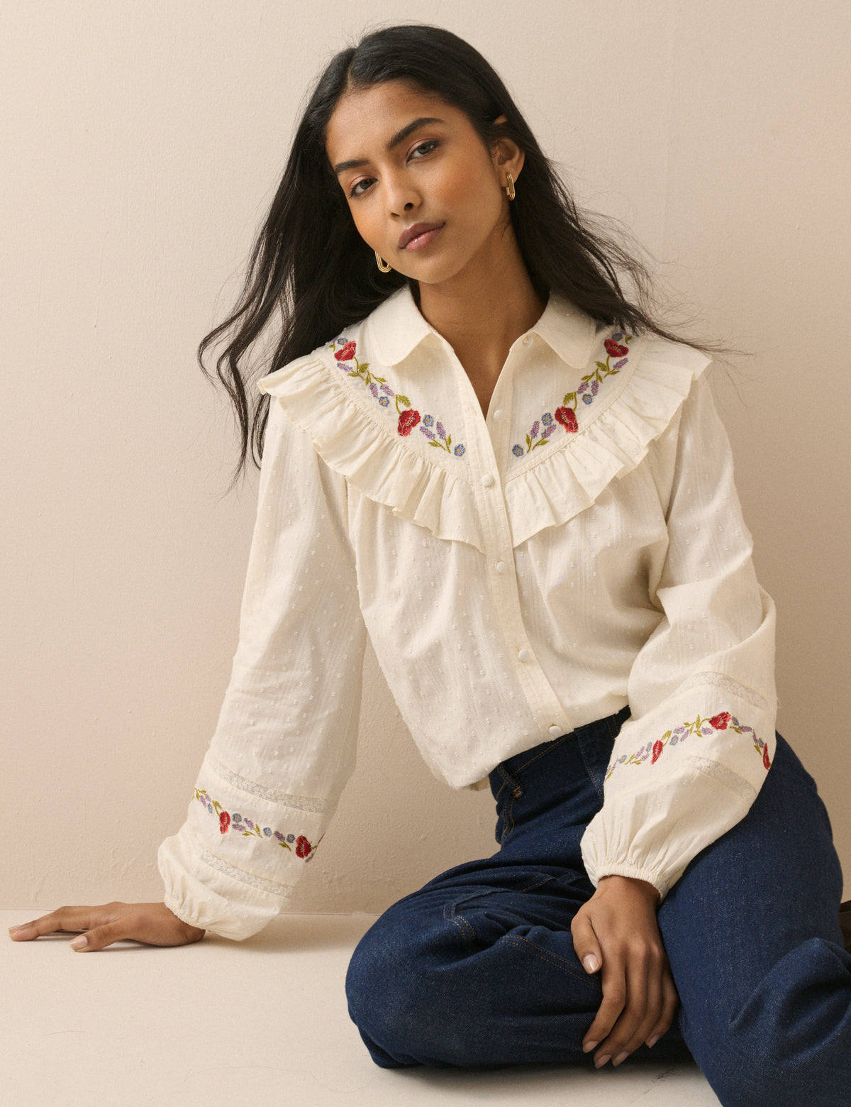 Ivory Floral Embroidered Frill Trim Blouse
