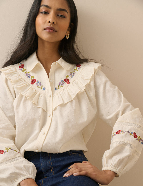 Ivory Floral Embroidered Frill Trim Blouse