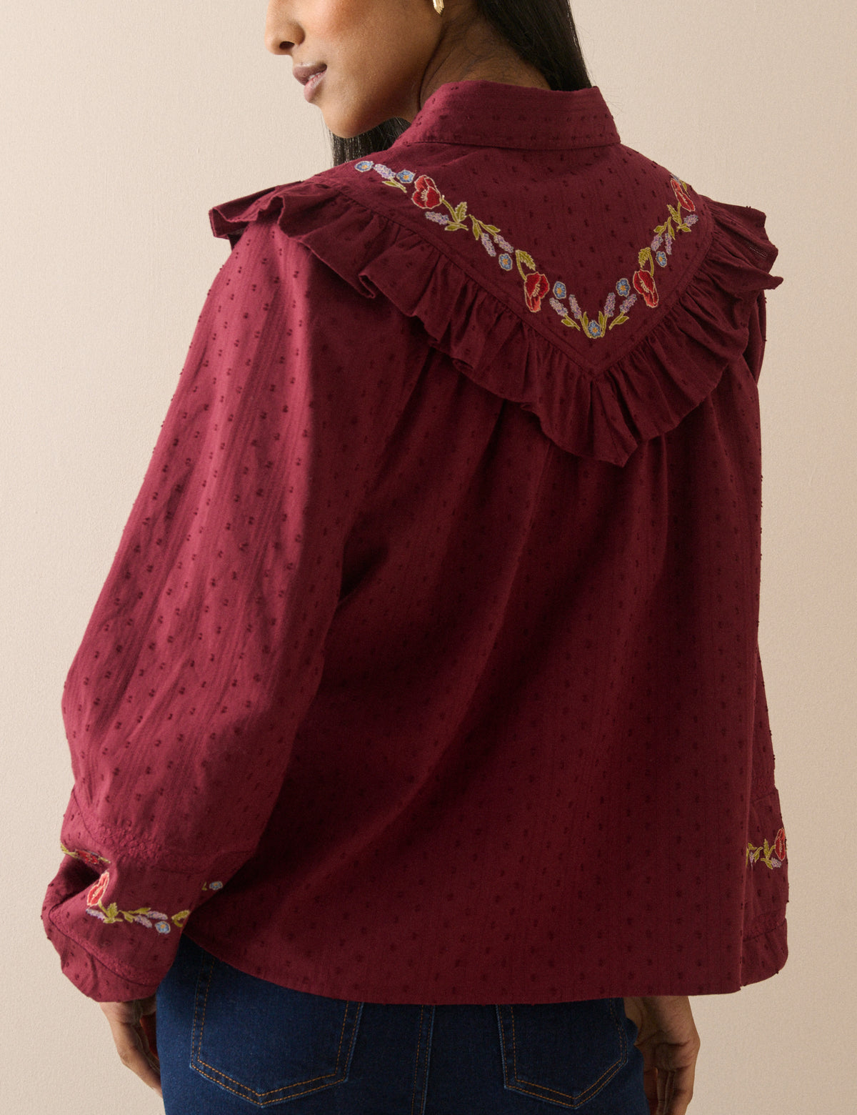 Burgundy Floral Embroidered Frill Trim Blouse