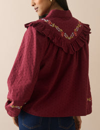 Burgundy Floral Embroidered Frill Trim Blouse