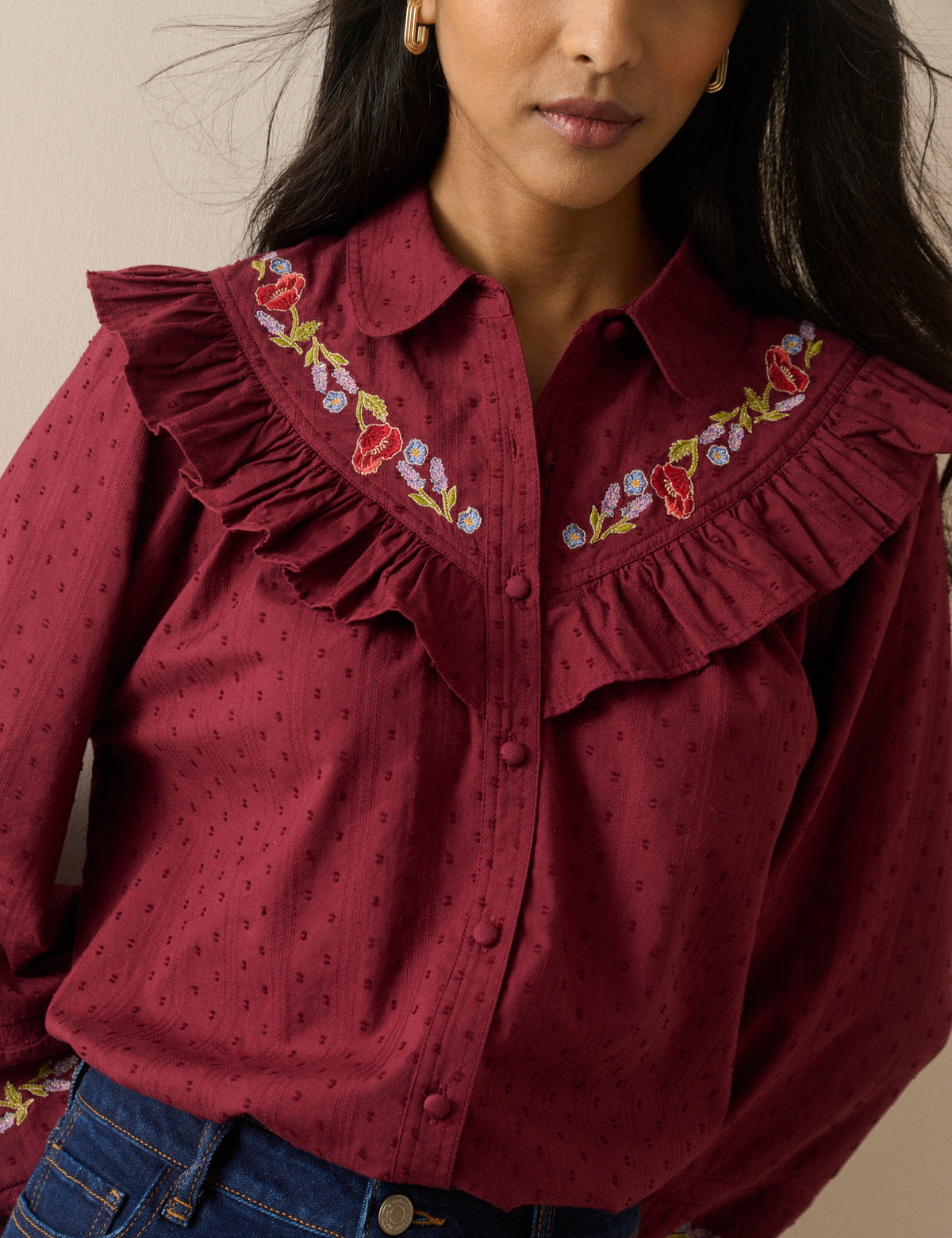 Burgundy Floral Embroidered Frill Trim Blouse