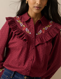 Burgundy Floral Embroidered Frill Trim Blouse