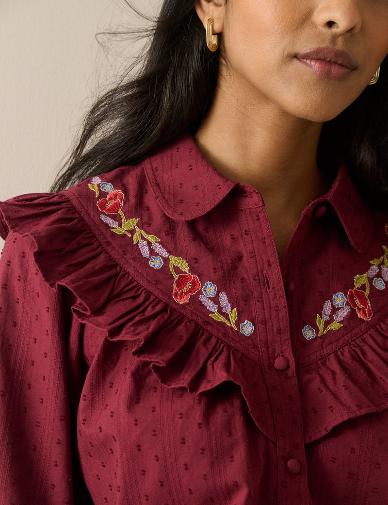 Burgundy Floral Embroidered Frill Trim Blouse
