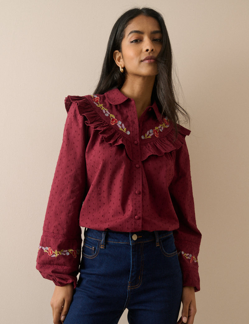 Burgundy Floral Embroidered Frill Trim Blouse