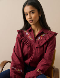 Burgundy Floral Embroidered Frill Trim Blouse
