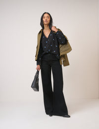 Navy Floral Embroidered Blouse