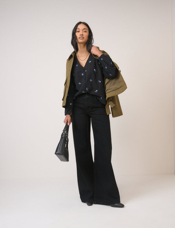 Navy Floral Embroidered Blouse