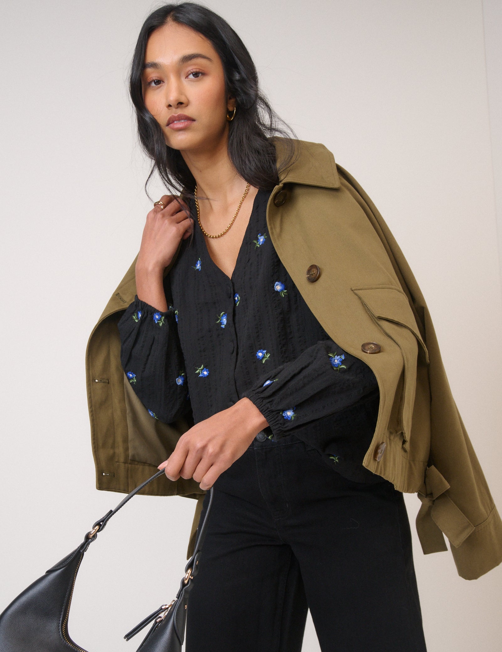 Navy Floral Embroidered Blouse