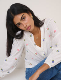White Floral Embroidered Blouse