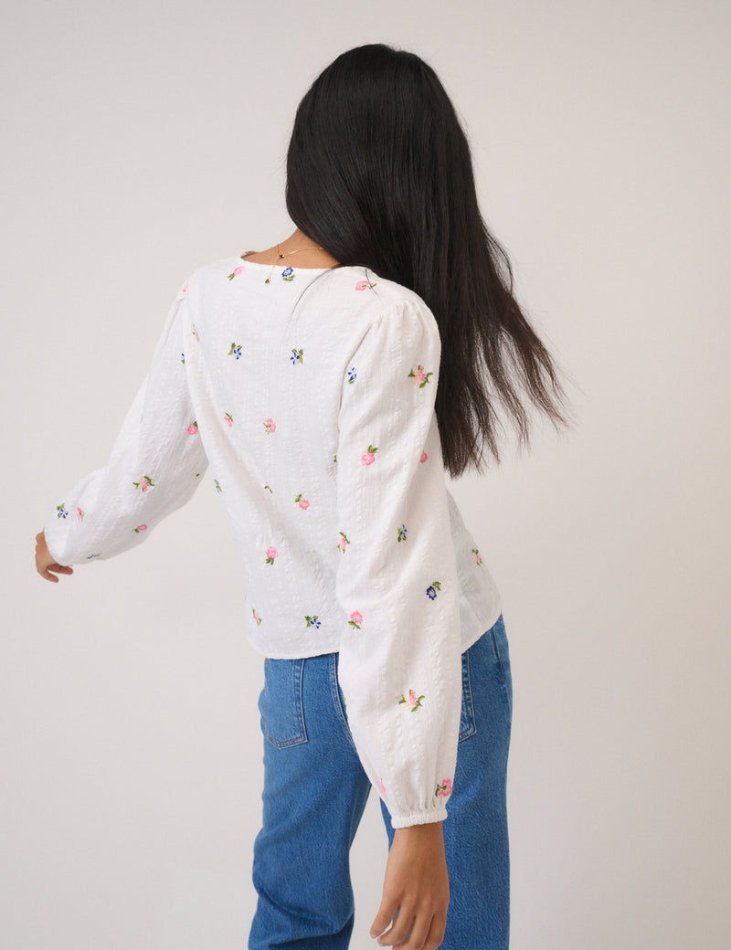 White Floral Embroidered Blouse