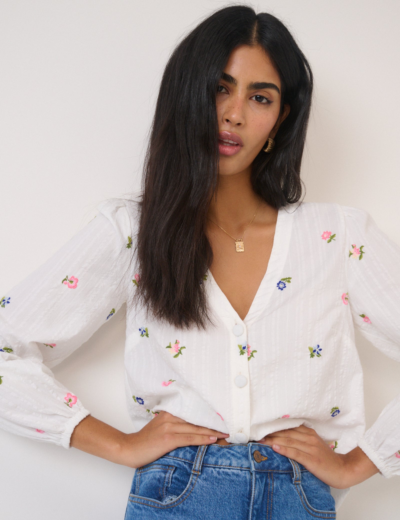 White Floral Embroidered Blouse