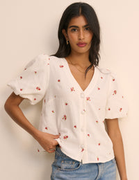 Cream and Red Floral Puff Sleeve Top