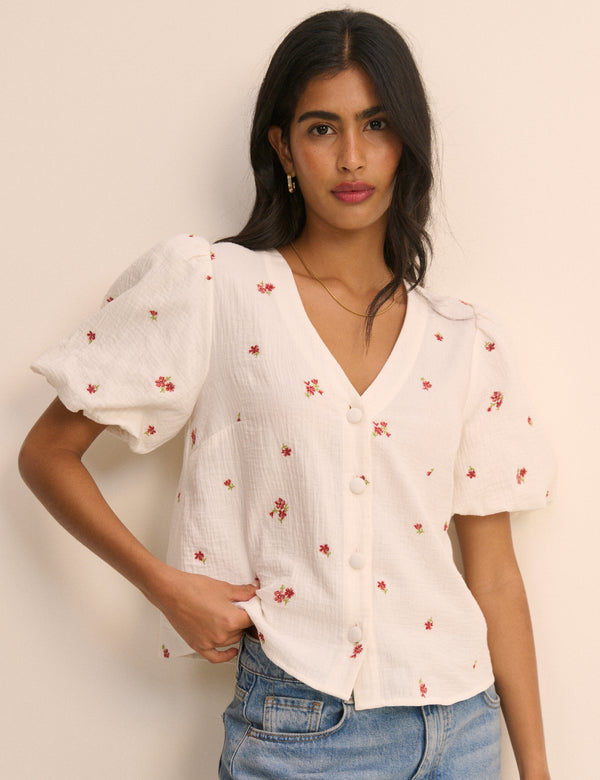 Cream and Red Floral Puff Sleeve Top