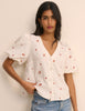 Cream and Red Floral Puff Sleeve Top