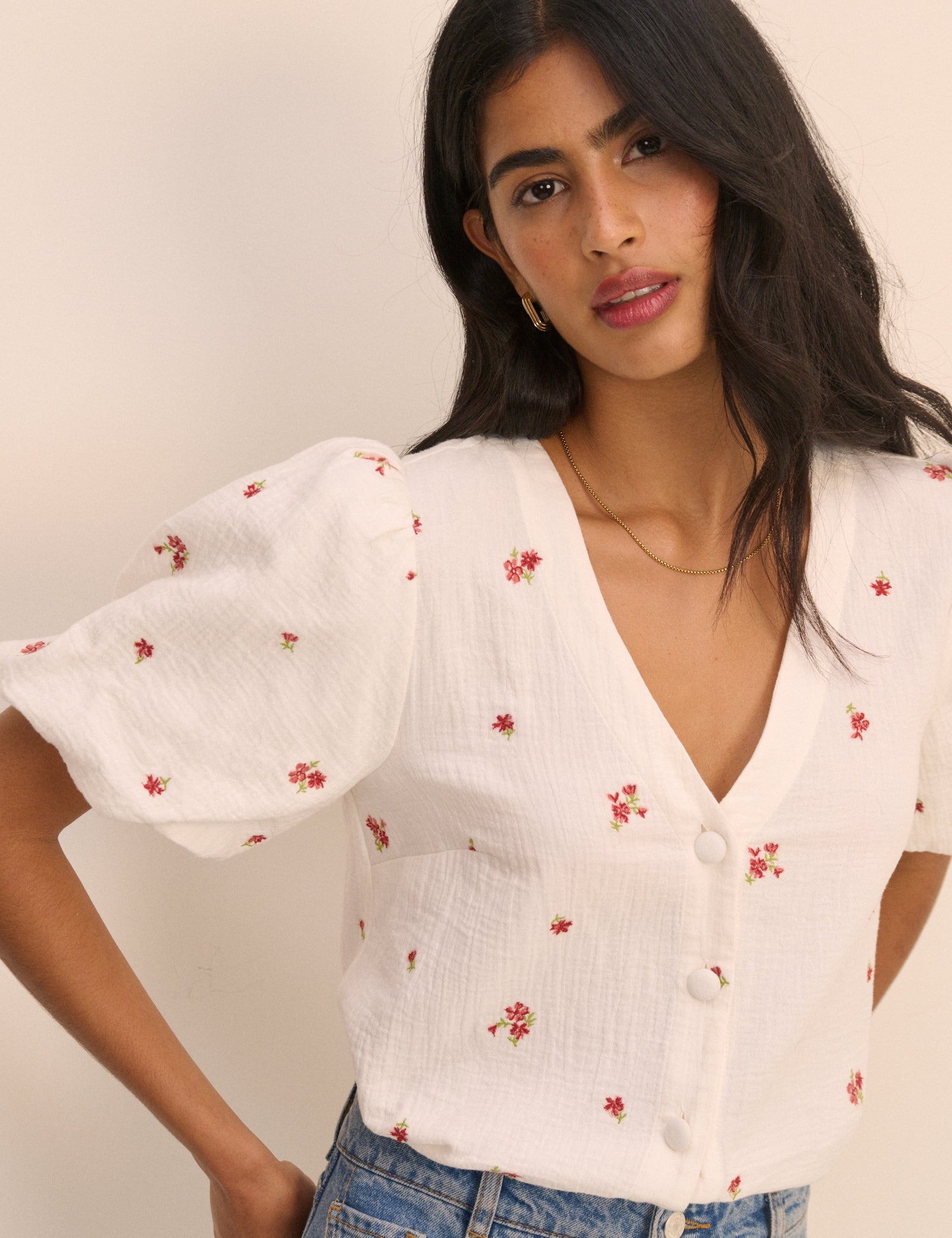 Cream and Red Floral Puff Sleeve Top