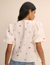 Cream and Red Floral Puff Sleeve Top