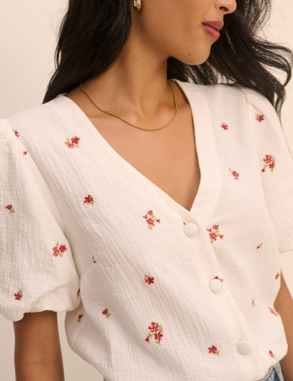 Cream and Red Floral Puff Sleeve Top