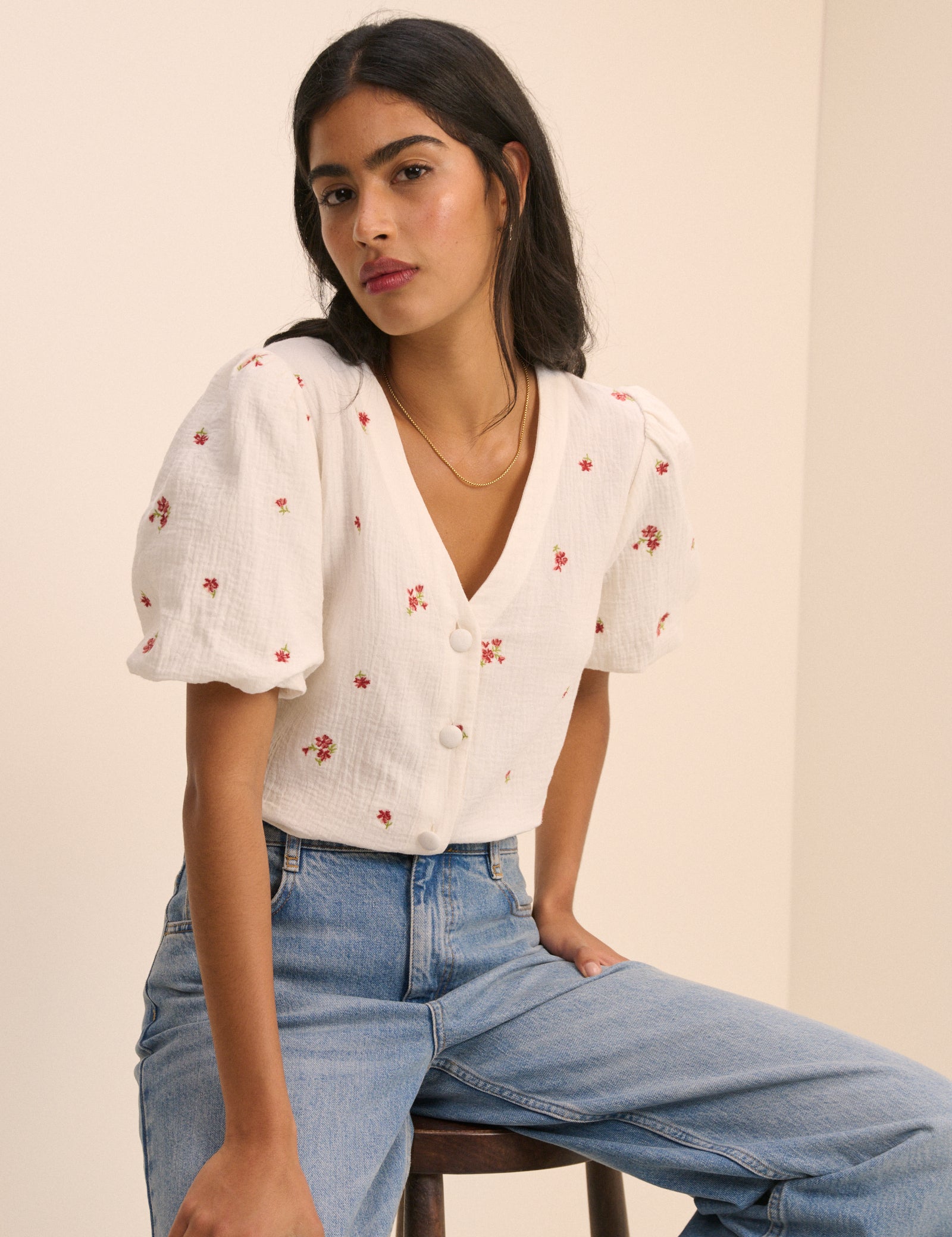 Cream and Red Floral Puff Sleeve Top