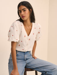 Cream and Red Floral Puff Sleeve Top