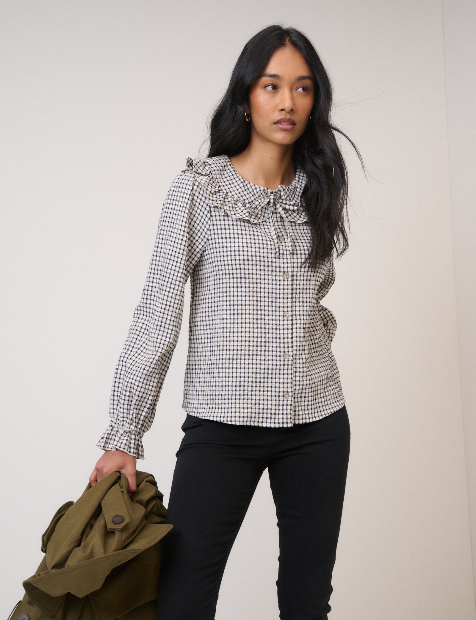 White Check Frill Collar Blouse