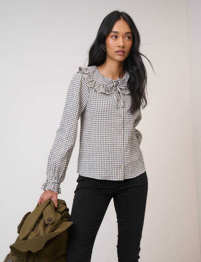 White Check Frill Collar Blouse