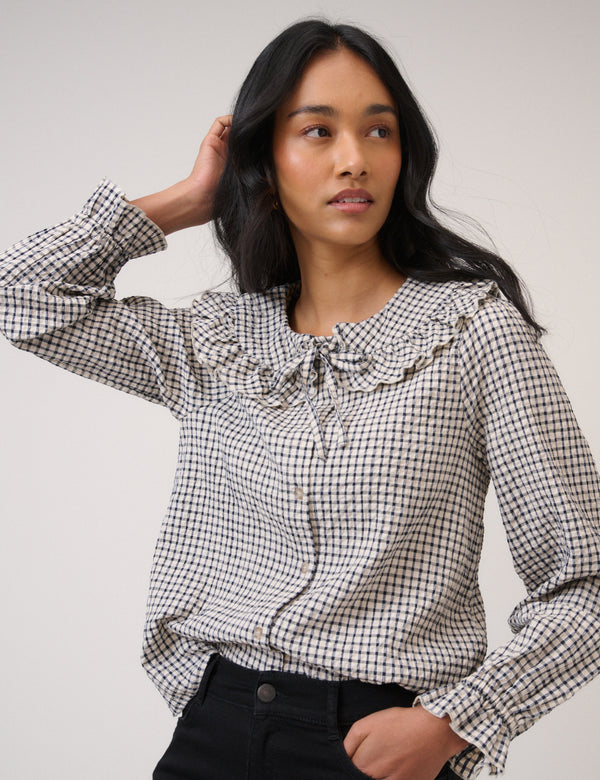 White Check Frill Collar Blouse