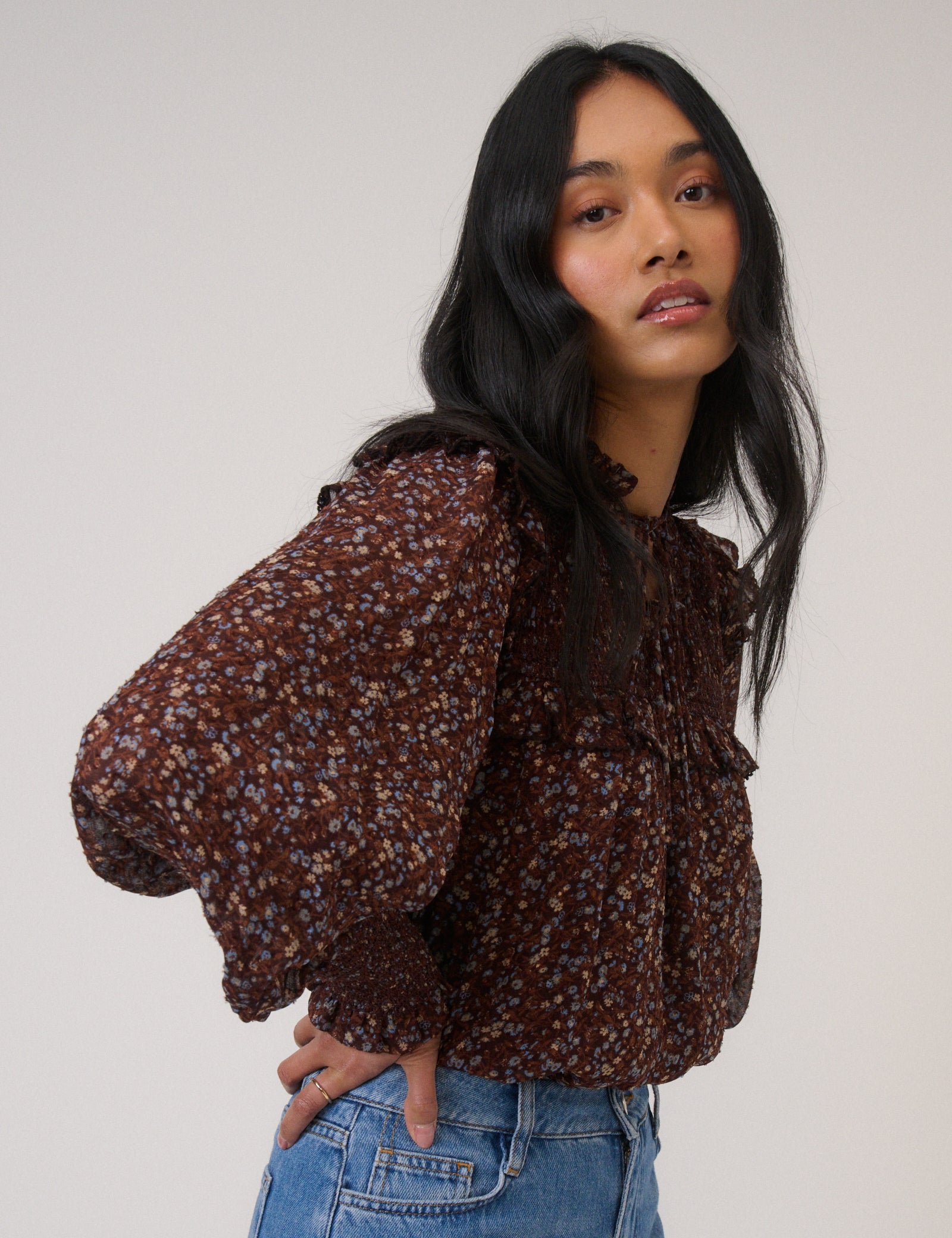 Brown Ditsy Floral Balloon Sleeve Blouse