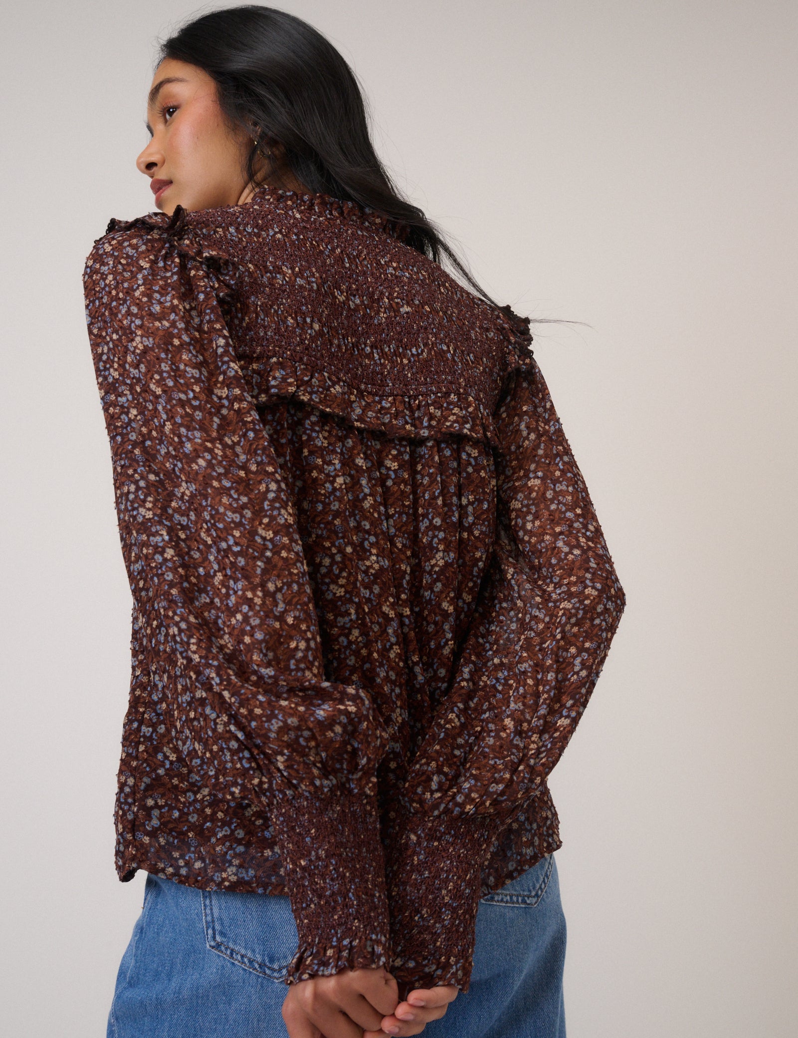 Brown Ditsy Floral Balloon Sleeve Blouse