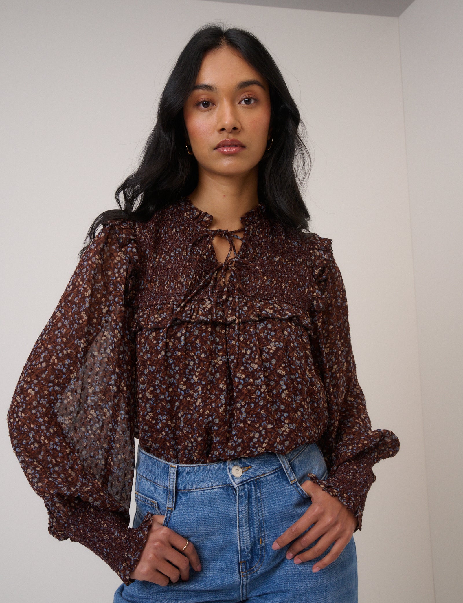 Brown Ditsy Floral Balloon Sleeve Blouse