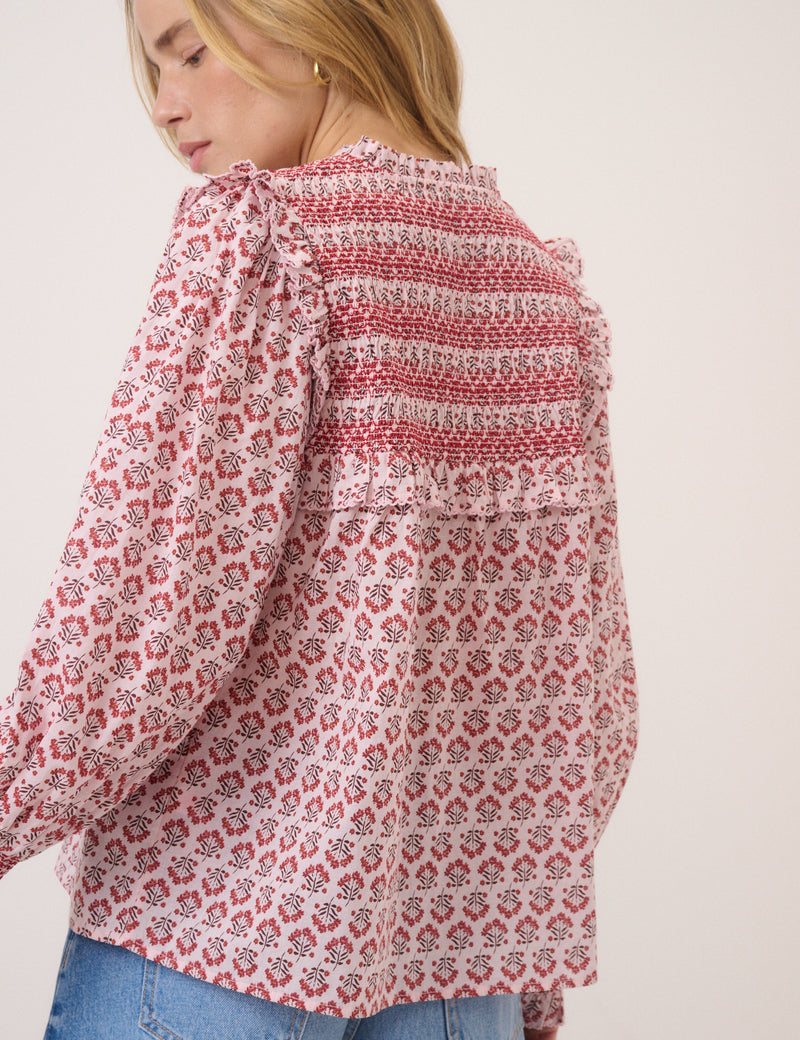 Pink Ditsy Floral Blouson Sleeve Blouse