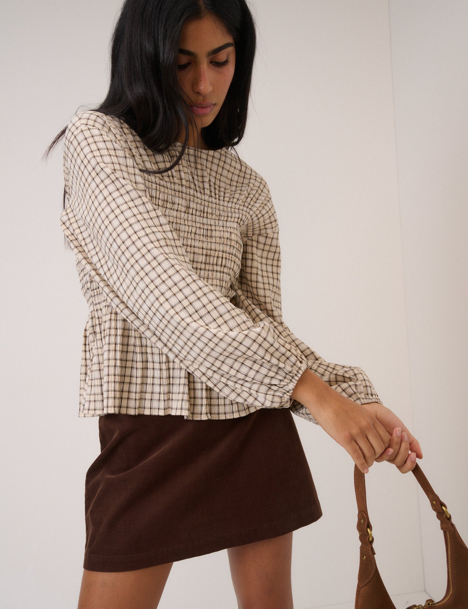 Yellow Check Shirred Blouse