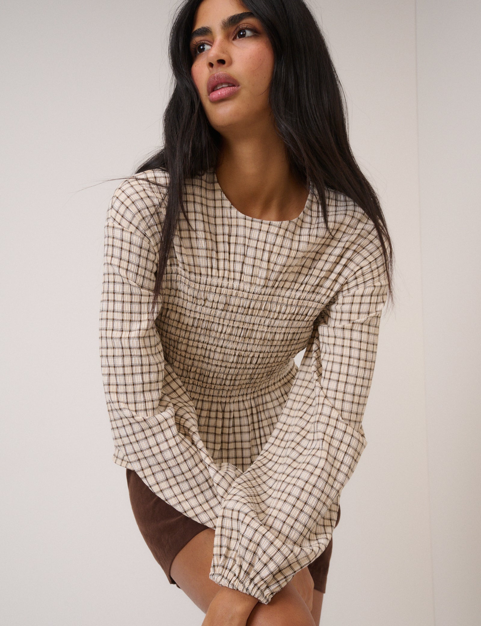 Yellow Check Shirred Blouse