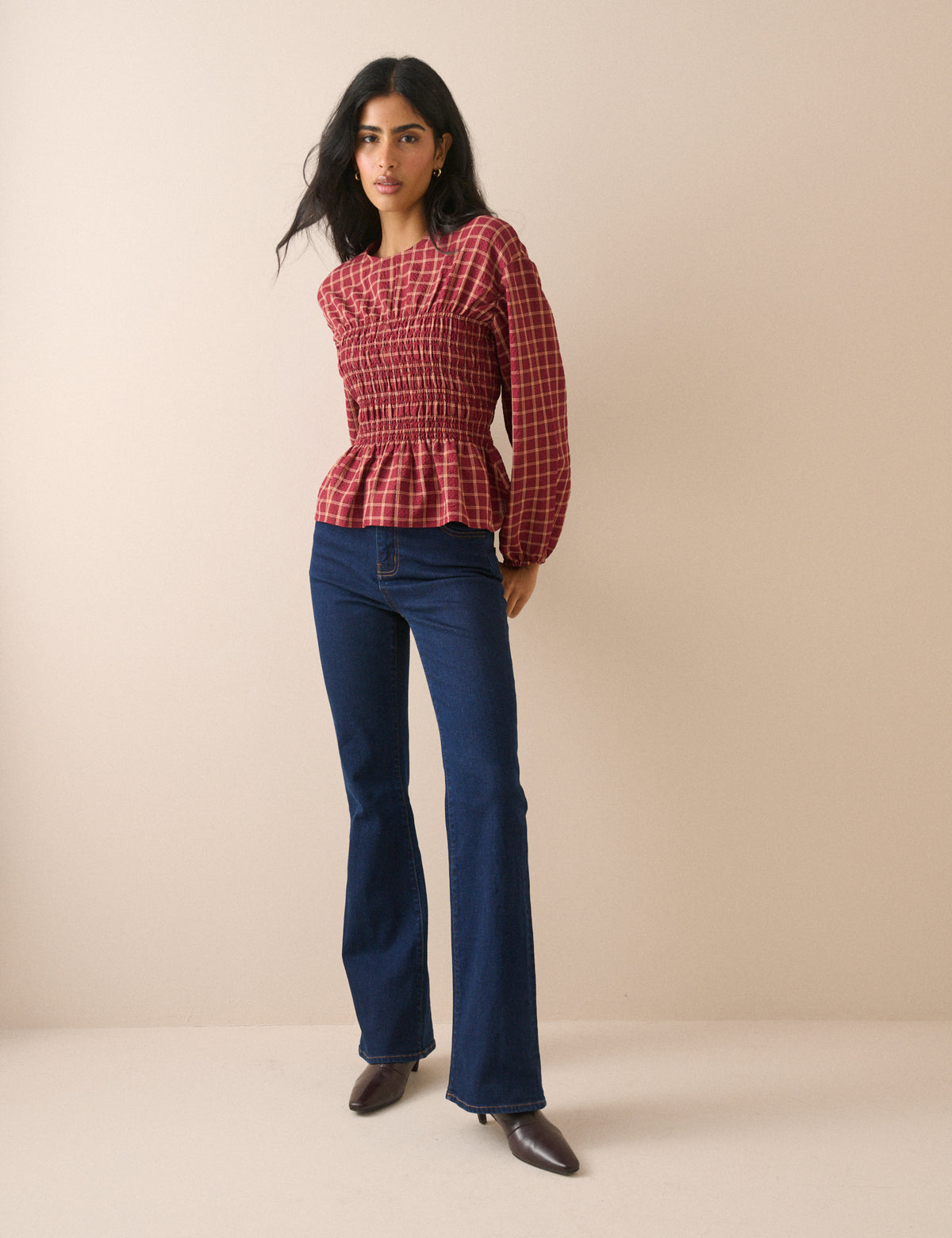 Red Check Shirred Peplum Blouse