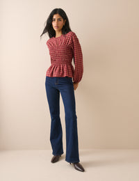 Red Check Shirred Peplum Blouse