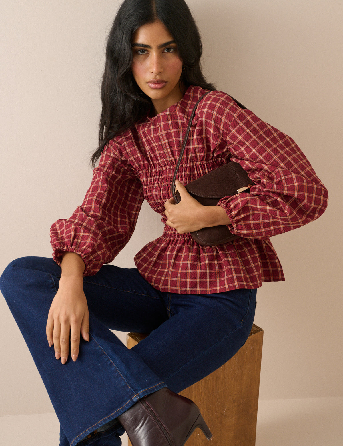Red Check Shirred Peplum Blouse