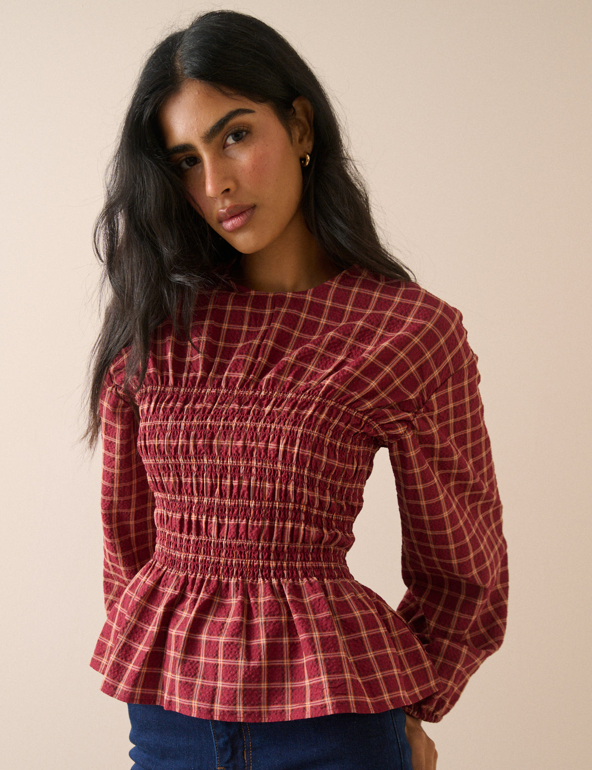 Red Check Shirred Peplum Blouse