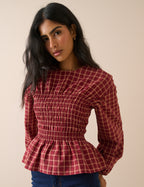 Red Check Shirred Peplum Blouse