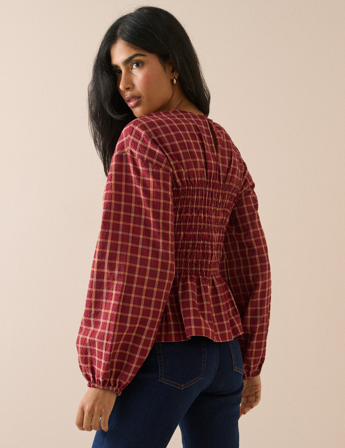 Red Check Shirred Peplum Blouse