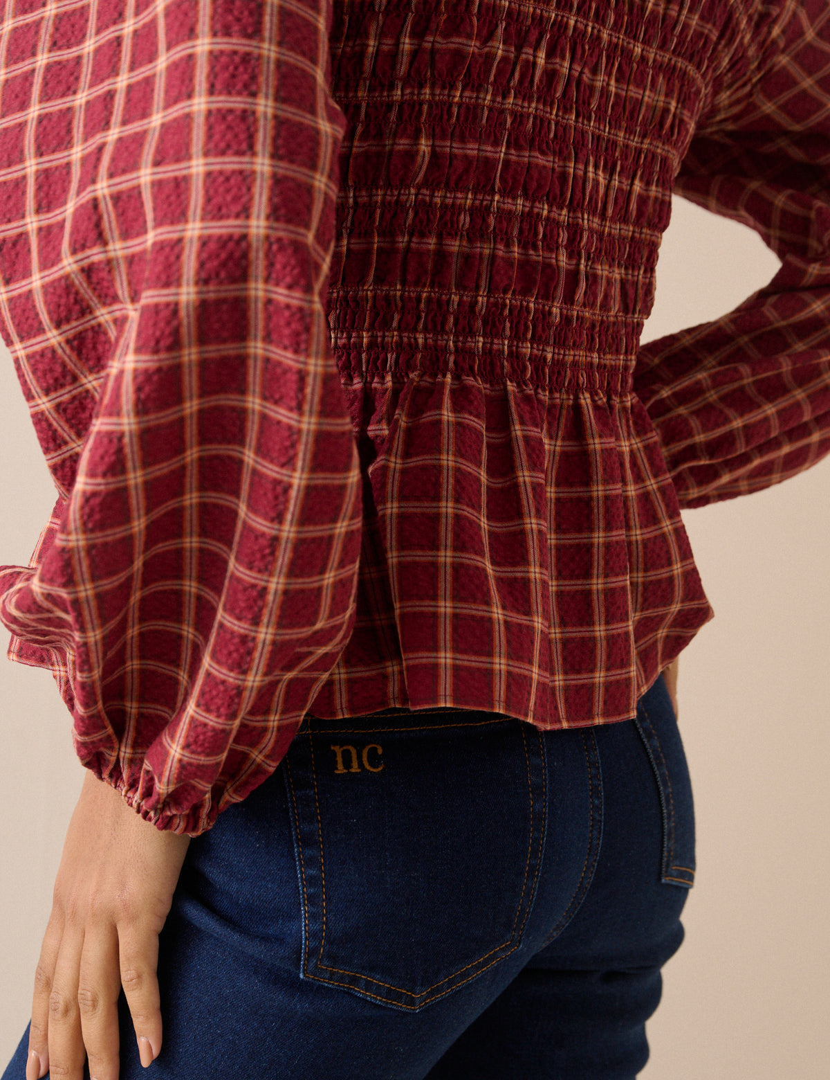 Red Check Shirred Peplum Blouse