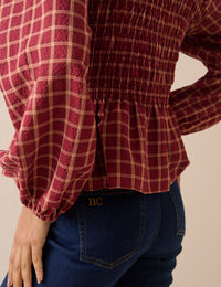 Red Check Shirred Peplum Blouse