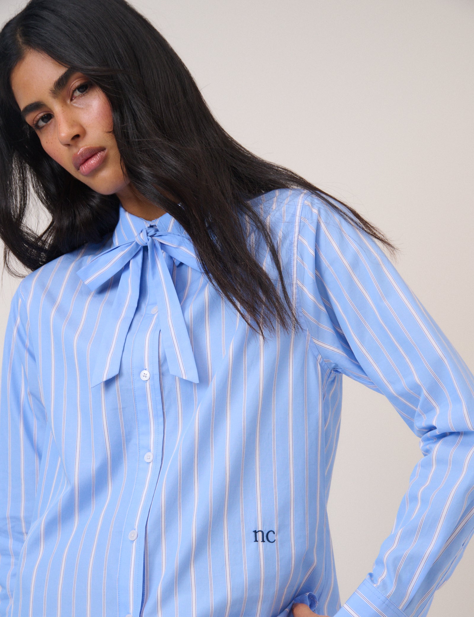 Blue Pinstripe Bow Collar Shirt