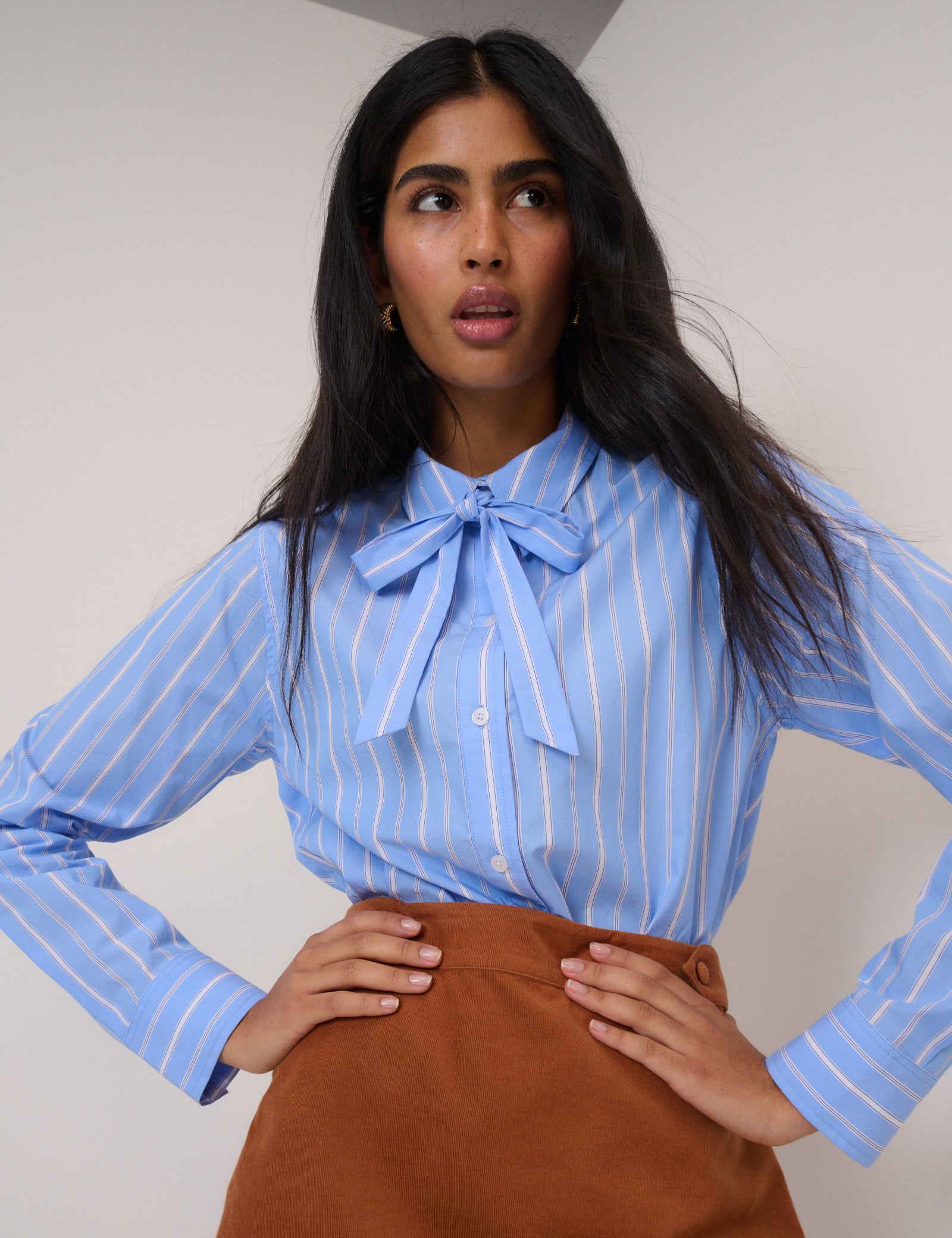 Blue Pinstripe Bow Collar Shirt